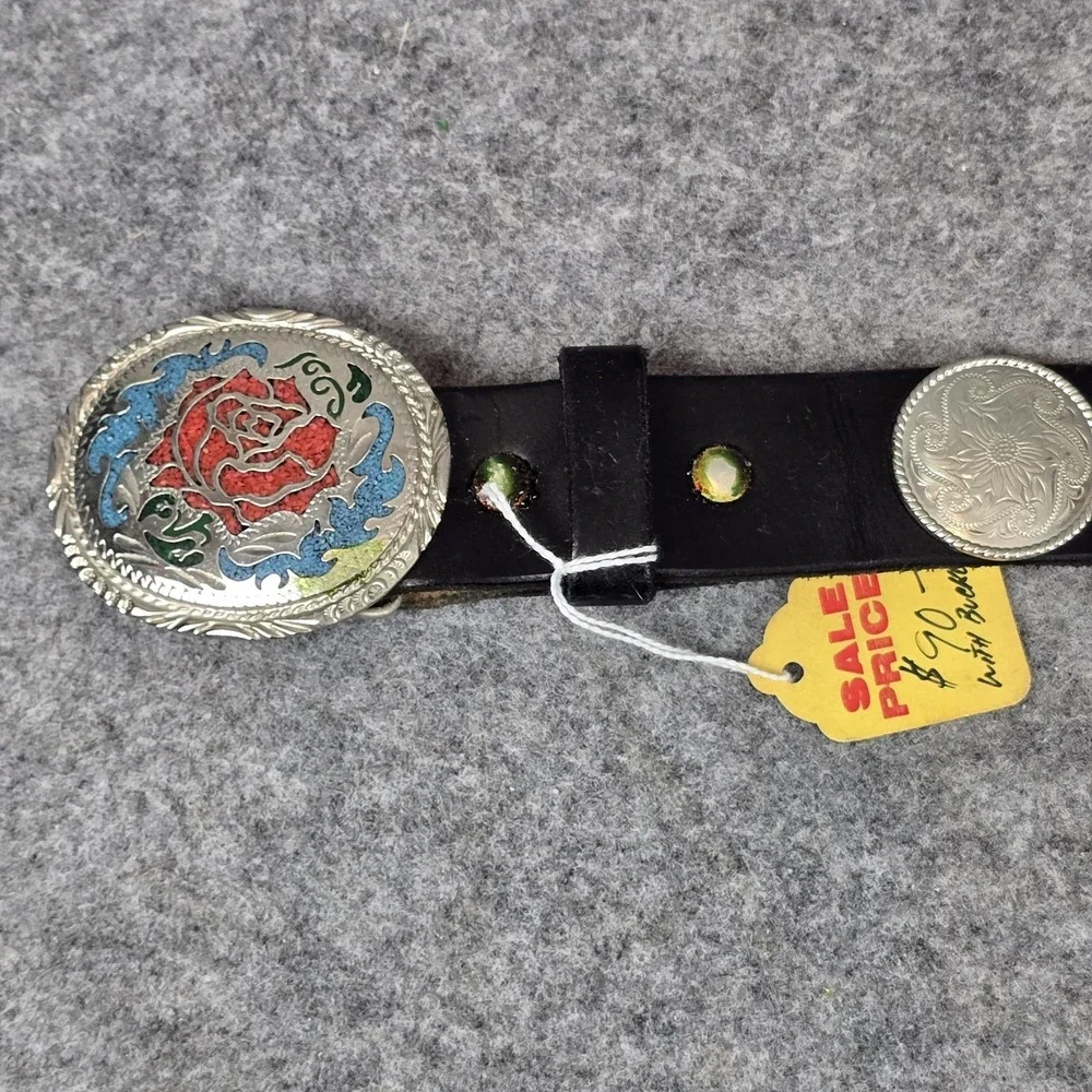 VTG Jacobs Leather Western Belt Teens Small Black Concho Rose Buckle USA